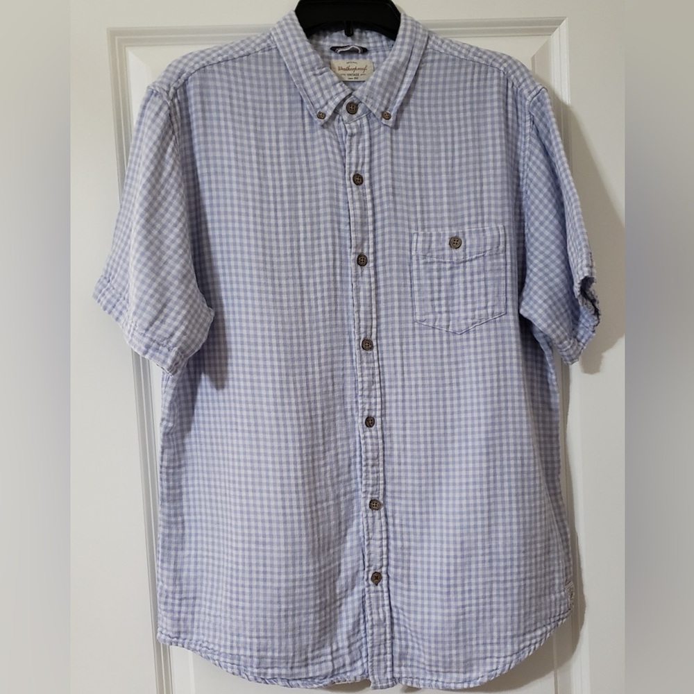 Weatherproof~Vintage~Men’s Light Blue Checkered Button Down Shirt~Cotton~Large